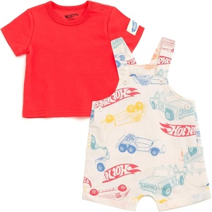 image:imageHot Wheels Baby French Terry Square Neck Short Overalls and TShirt Outfit Set Newborn to Infant Sizes Newborn  24 MonthsRed  Beige