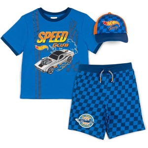 image:imageHot Wheels Ringer TShirt French Terry Shorts and Baseball Hat 3 Piece Outfit Set Toddler to Big Kid Sizes 2T  1012Blue