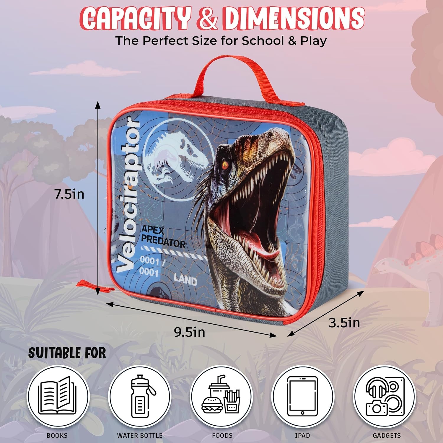 image:imageHot Wheels Speed Club Insulated Lunch Box Full Zip Around Lunch Tote Bag for Hot and Cold Food Racing Design MulticoloredJurasic World