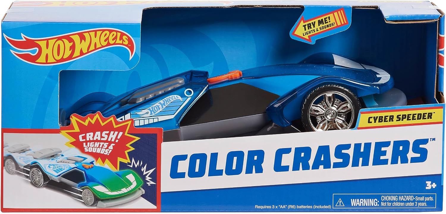 image:imageHot Wheels Color Crashers Cyber Speeder Vehicle 10Inch Blue Motorized Toy Car with Lights and Realistic Racing Sounds Kids Toys for Ages 3 Up by Just PlayBlue