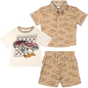 image:imageHot Wheels Cotton Gauze Button Down Shirt TShirt amp Shorts 3 Piece Outfit Set Infant to Little Kid Sizes 12 Months  78Tan  White