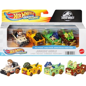 image:imageHot Wheels RacerVerse Set of 4 DieCars 164 Scale Toy Cars Optimized for Driving on Tracks with Pop Culture Characters as DriversJurassic World